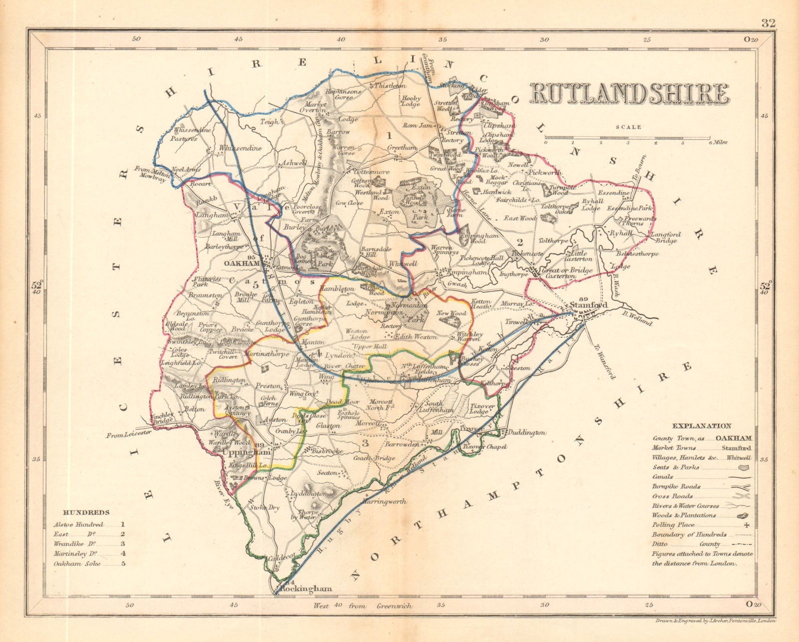 RUTLANDSHIRE county map by ARCHER & DUGDALE. Seats canals polling places c1845